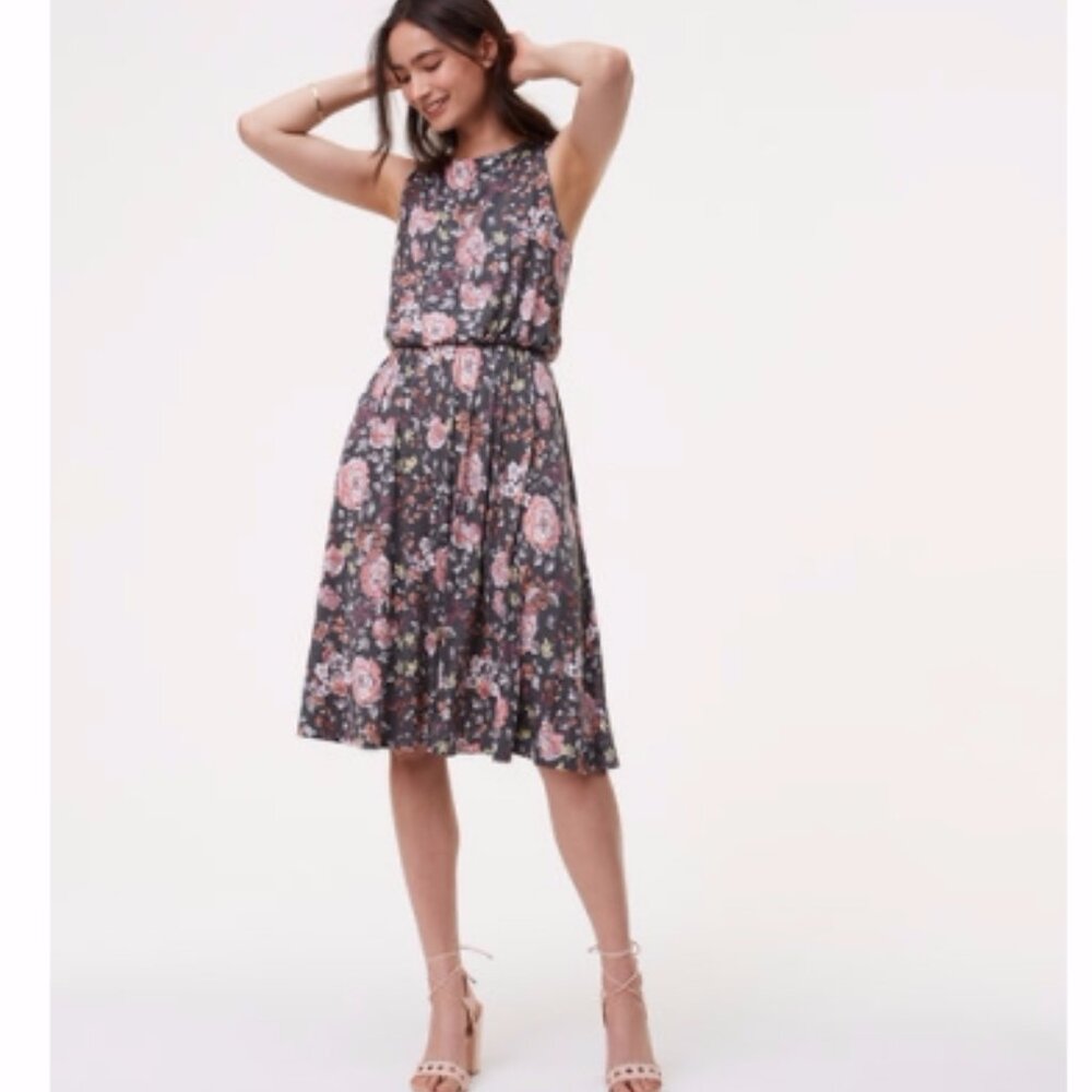 Loft Gray Floral Ruffle Back Dress